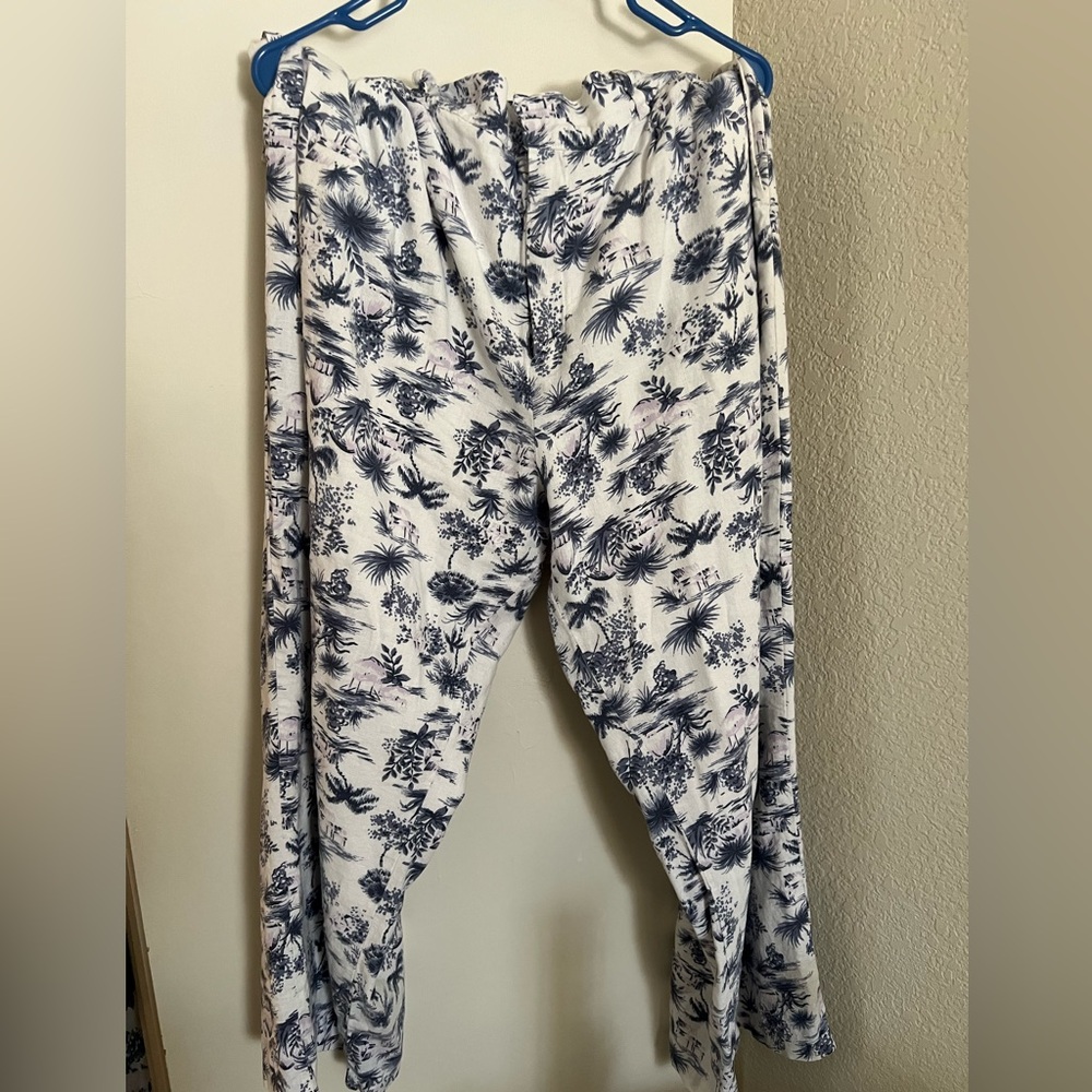 Abercrombie & Fitch Blue and White Palm Tree Linen Blend Wide leg Trousers